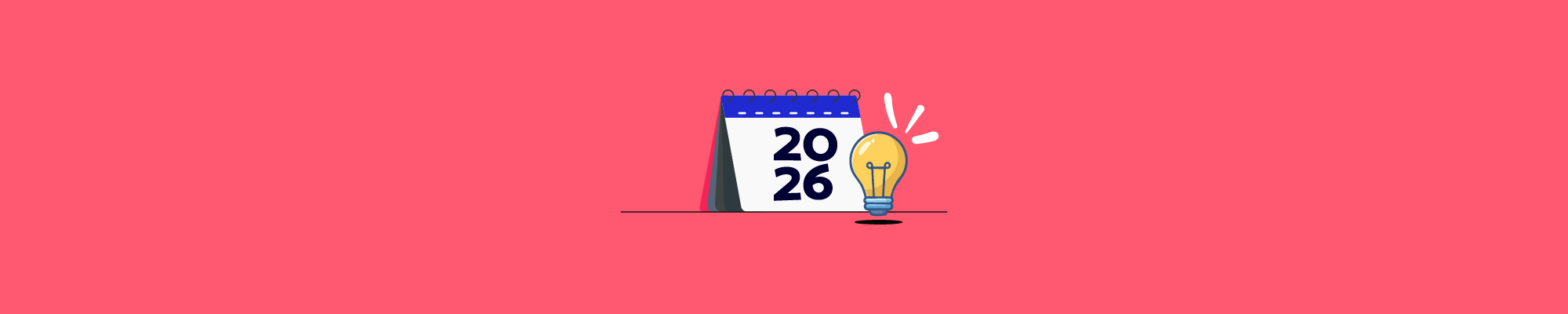 Imagem com fundo rosa e calendário de 2026 ao centro.