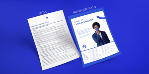 Ante com fundo azul e imagens do antes e depois do contrato do cartão de crédito DM