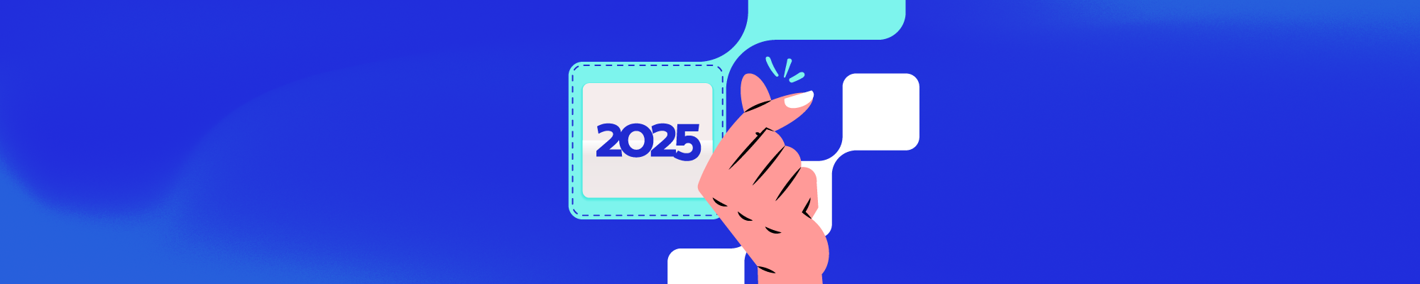 Imagem com fundo azul, mão fazendo o símbolo da DM e o número 2025 em destaque, ilustrando a retrospectiva do ano.