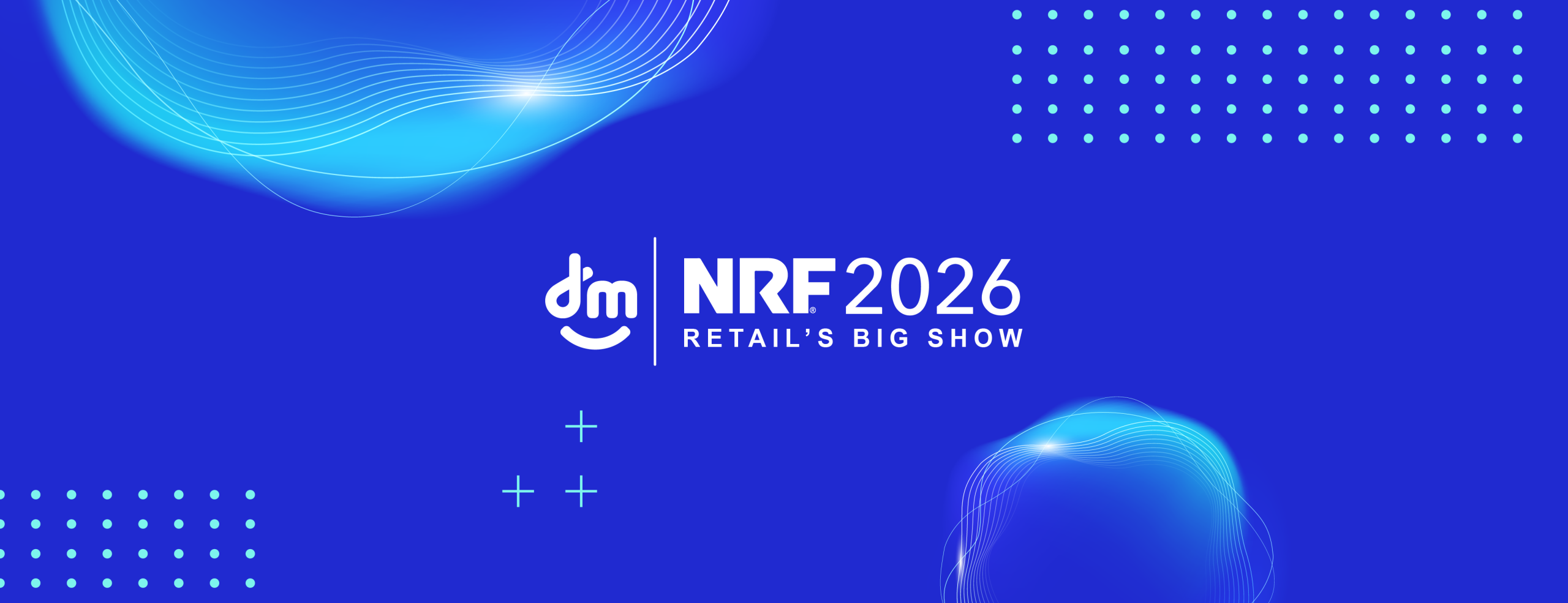 Arte com fundo azul, logo da DM e indicação da NRF 2026
